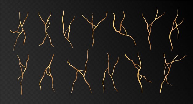 Vector golden kintsugi cracks set isolated on black. abstract hand drawn decorative elements collection. vector illustration.