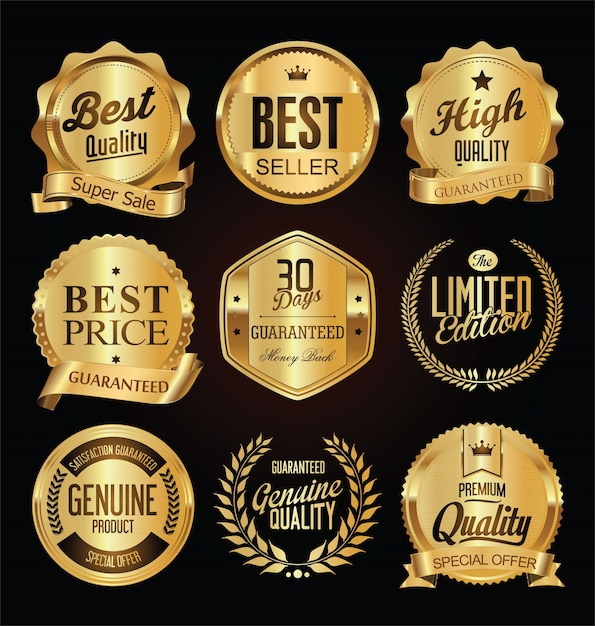 Golden labels and badges vector illustration collection