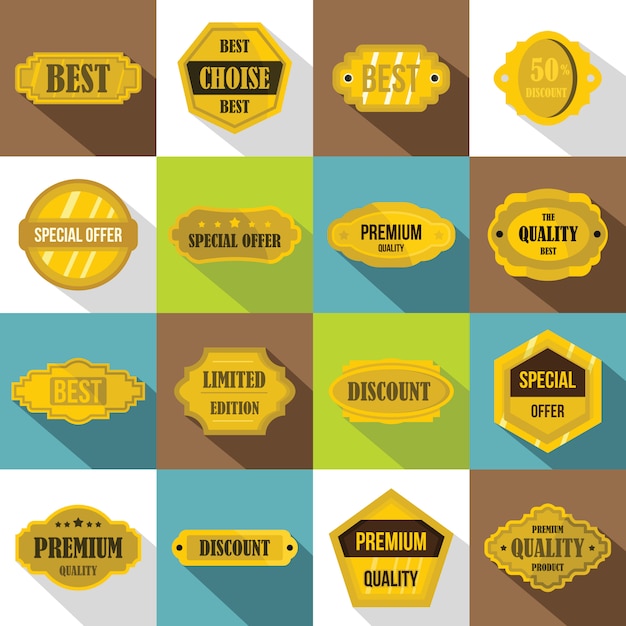 Golden labels icons set, flat style