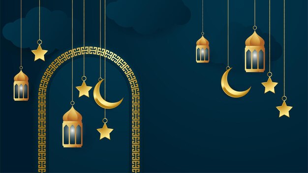 Lanterna dorata arabo blu scuro design islamico sfondo universale ramadan kareem banner sfondo con lanterna luna modello islamico moschea ed elementi islamici di lusso astratti