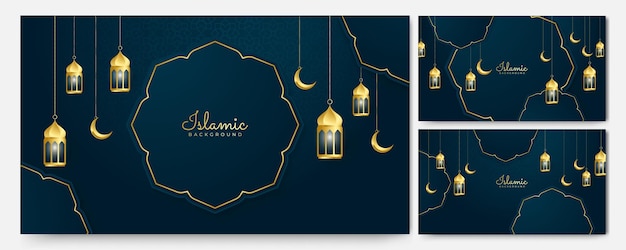 Golden lantern arabic dark blue islamic design background