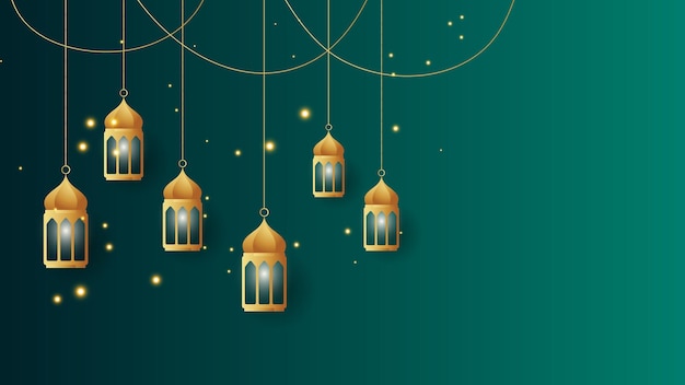 Golden lantern arabic green islamic design background universal ramadan kareem banner background with lantern moon islamic pattern mosque and abstract luxury islamic elements
