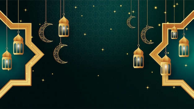 Golden lantern arabic green islamic design background universal ramadan kareem banner background with lantern moon islamic pattern mosque and abstract luxury islamic elements