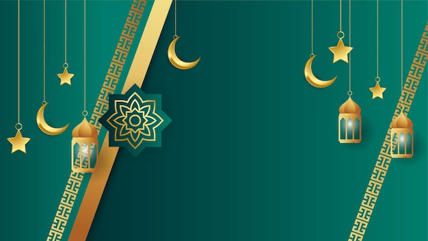 Golden lantern arabic green Islamic design background Universal ramadan kareem banner background with lantern moon islamic pattern mosque and abstract luxury islamic elements