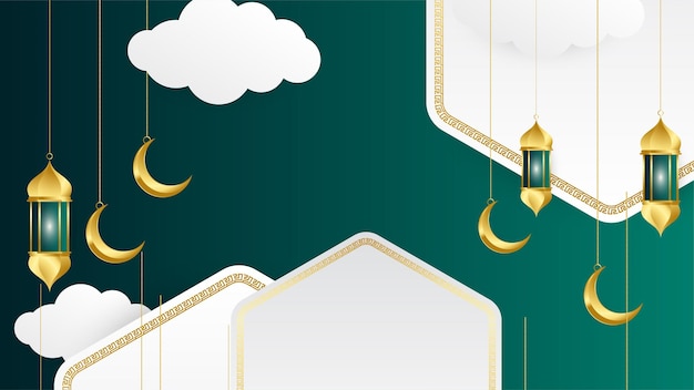 Golden lantern arabic green Islamic design background Universal ramadan kareem banner background with lantern moon islamic pattern mosque and abstract luxury islamic elements