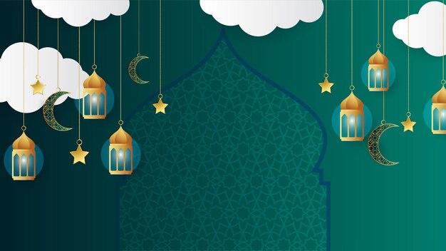 ゴールデンランタンアラビアグリーンイスラムデザインの背景ランタンムーンイスラムパターンモスクと抽象的な豪華なイスラム要素とユニバーサルラマダンカリームバナーの背景