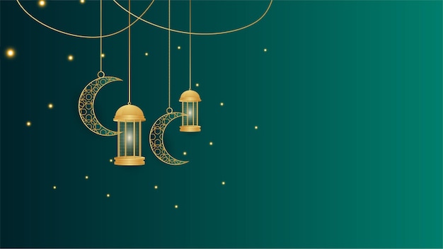 Golden lantern arabic green Islamic design background Universal ramadan kareem banner background with lantern moon islamic pattern mosque and abstract luxury islamic elements