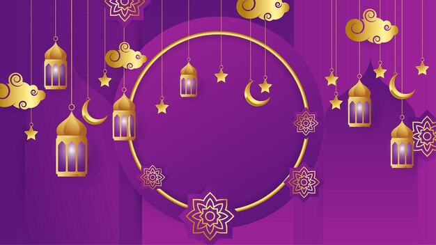 Golden lantern arabic purple Islamic design background Universal ramadan kareem banner background with lantern moon islamic pattern mosque and abstract luxury islamic elements