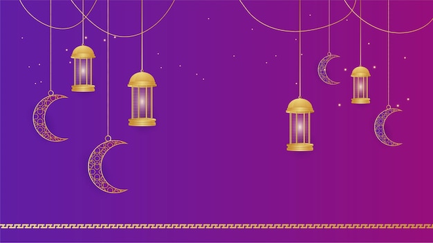 Golden lantern arabic purple islamic design background universal ramadan kareem banner background with lantern moon islamic pattern mosque and abstract luxury islamic elements