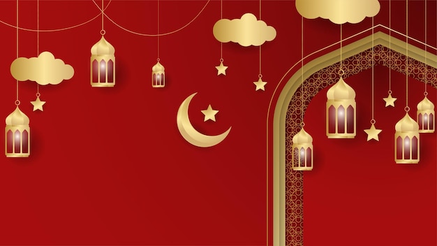 ゴールデンランタンアラビアレッドゴールドイスラムデザインの背景ランタンムーンイスラムパターンモスクと抽象的な豪華なイスラム要素とユニバーサルラマダンカリームバナーの背景