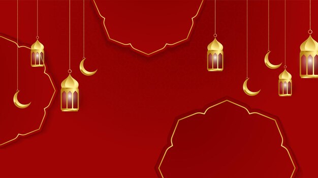 Golden lantern arabic red gold islamic design background universal ramadan kareem banner background with lantern moon islamic pattern mosque and abstract luxury islamic elements