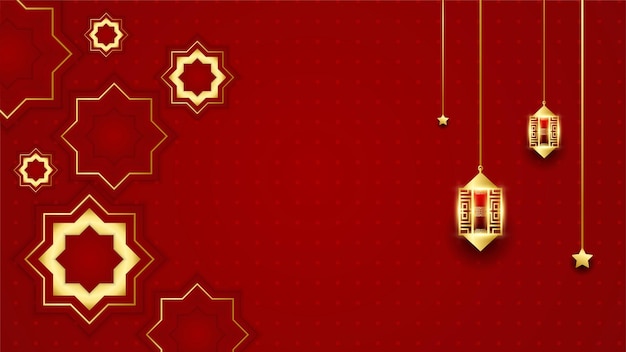 Golden lantern arabic red gold Islamic design background Universal ramadan kareem banner background with lantern moon islamic pattern mosque and abstract luxury islamic elements