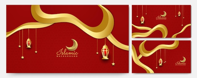 Sfondo di design islamico in oro rosso arabo con lanterna dorata