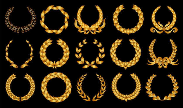 Golden laurel wreath. Collection of different circular laurel.