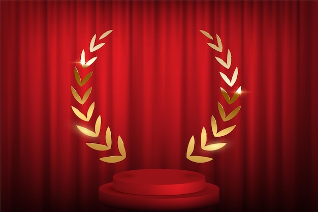 Vector golden laurel wreath over red round podium with steps in front of the curtains.