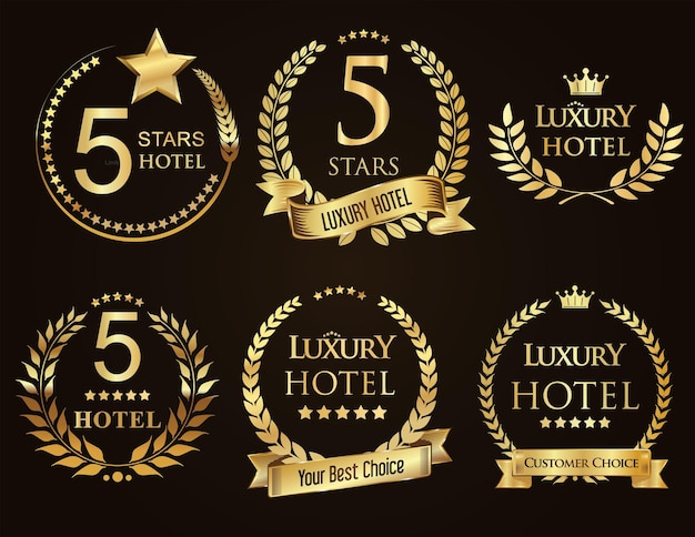 Golden laurel wreath set five stars hotel badges collection