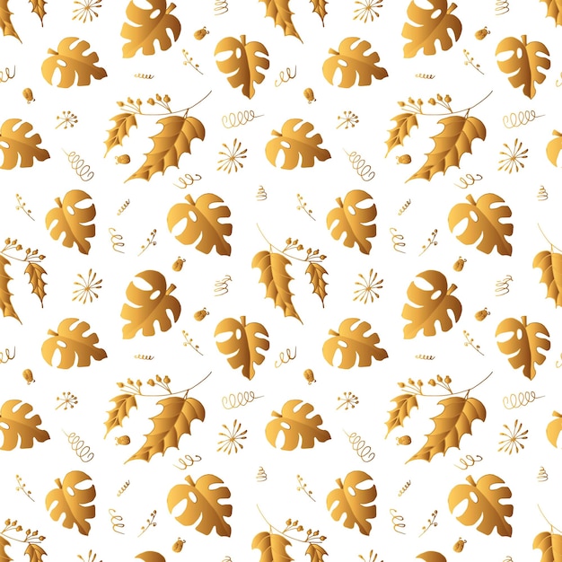 Golden leaves zigzags doodles and curls pattern for wrapping paper Vector illustration