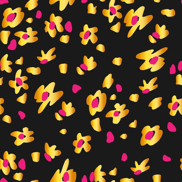 Golden leopard on black background seamless pattern. abstract pink flower spots. animalistic