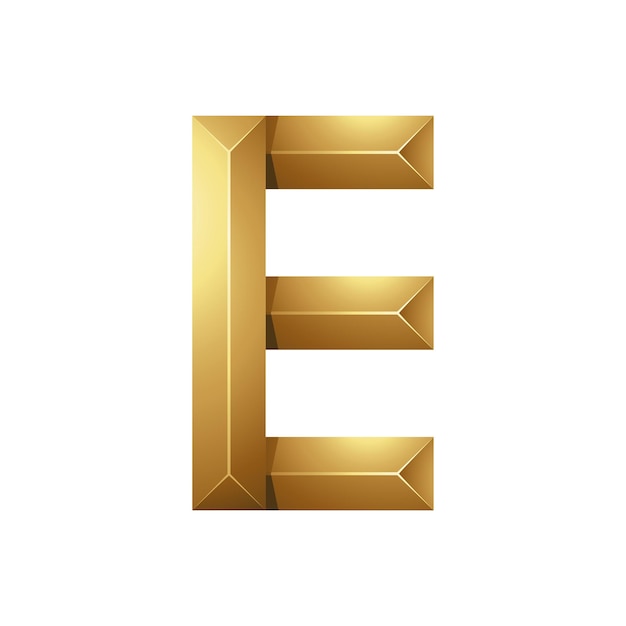 Golden letter e made of pyramidical rectangles on a white background