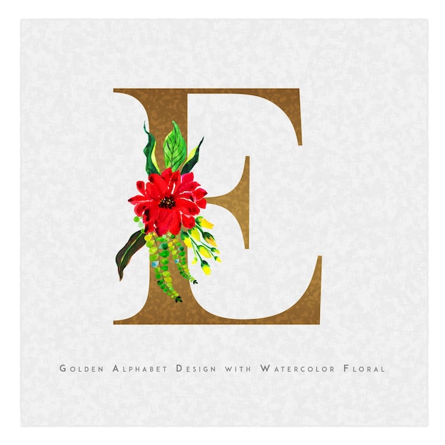 Vector golden letter e watercolor floral background