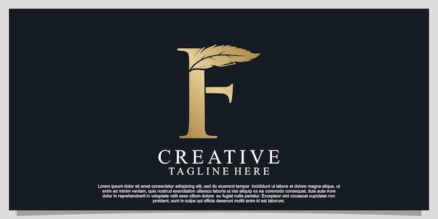 Golden letter F with unique feather combination logo design Premium Vector