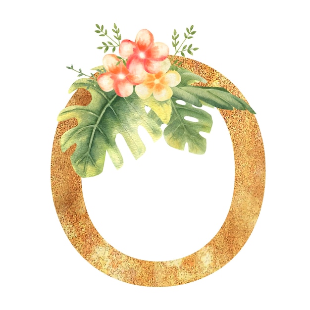 Golden letter o of the english alphabet with a watercolor bouquet of tropical leaves and flowers han