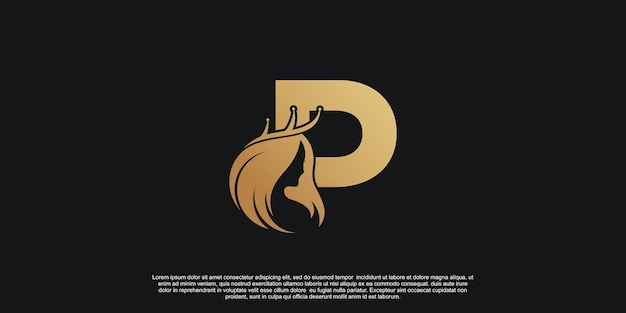 Lettera d'oro p con design unico del logo con combinazione di piume vettore premium