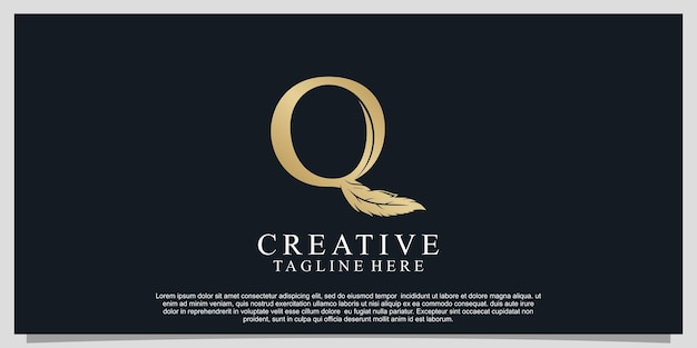 Golden letter Q with unique feather combination logo design Premium Vector