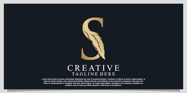 Golden letter S with unique feather combination logo design Premium Vector