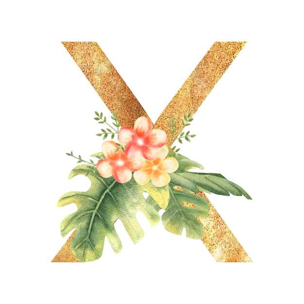 열대 잎과 꽃 한의 수채화 부케와 함께 영어 알파벳의 황금 문자 X