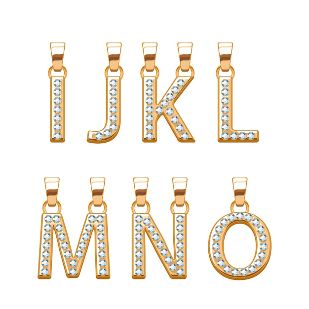 Vector golden letters with diamonds gemstones abc pendants set.  illustration. good for jewelry .