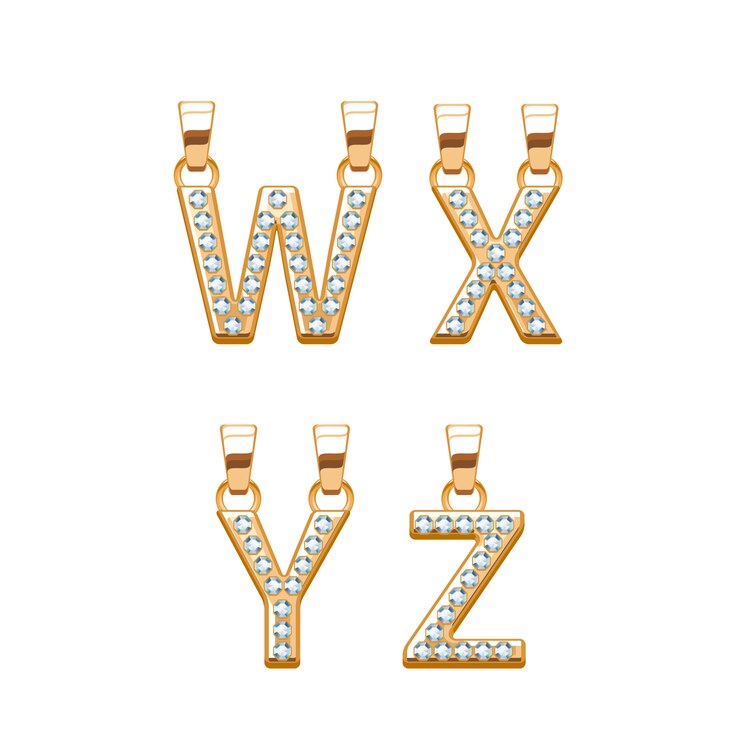 Golden letters with diamonds gemstones abc pendants set.  illustration. Good for jewelry .