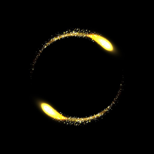 輝くグロー効果を持つ黄金の光の円 円の形をしたリアルな黄金の光沢のある要素 光沢のあるほこりのあるトーチトレイルの丸いフレーム