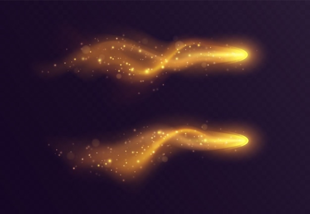 Vector golden light trail magic stardust with haze and sparkles realistic fireball