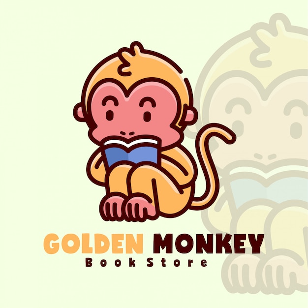 GOLDEN LITTLE MONKEY READING A BOOK CARTOON LOGO