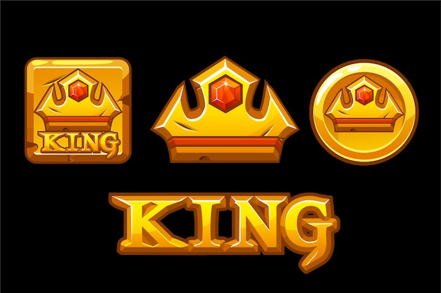 Golden logos king. crown icons on golden square and coin.