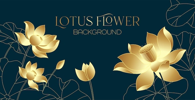 Golden lotus flower and leaves on dark background