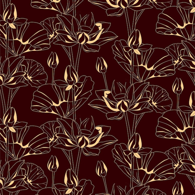 Golden lotuses and leaves luxury design template with line lily