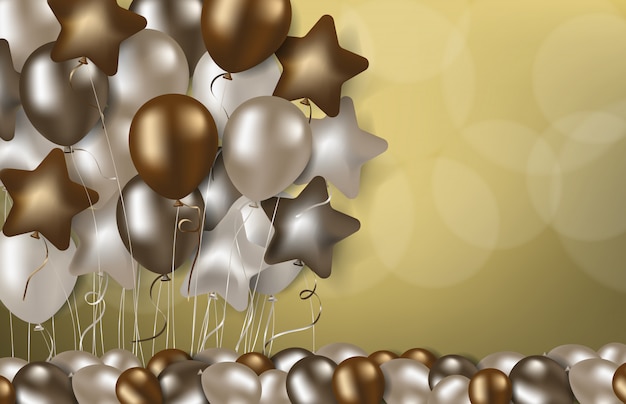 Vector golden luxury balloons stand on gold background, happy birthday party backdrop