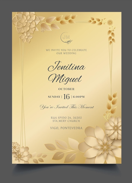 Vector golden luxury creative floral wedding invitation card template design golden engagement template