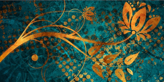 Golden luxury and turquoise grunge floral abstract background. Vector design