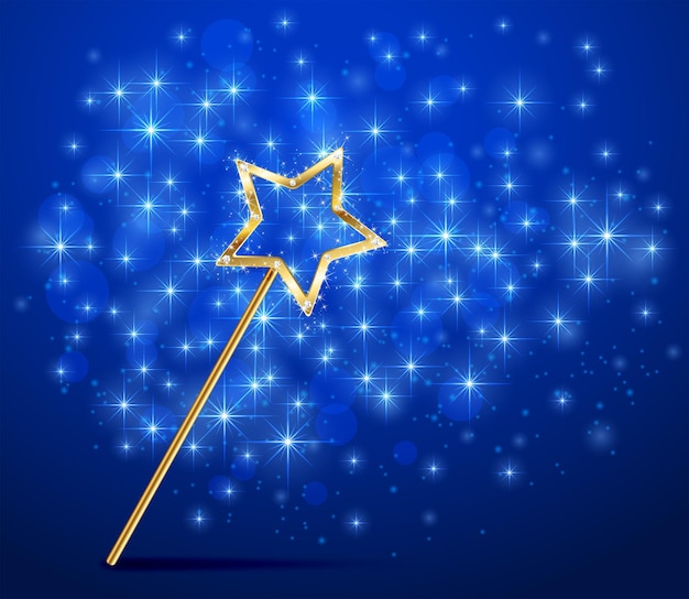 Golden magic wand on blue sparkle background illustration