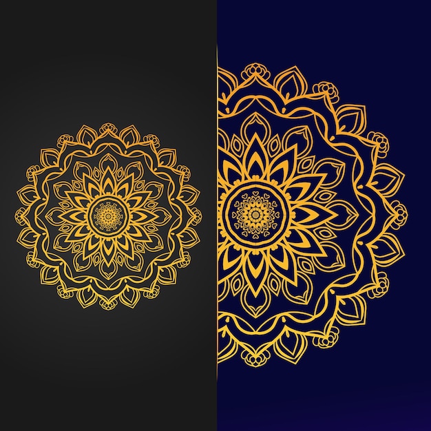 Modello di design mandala d'oro con sfondo di colore nero