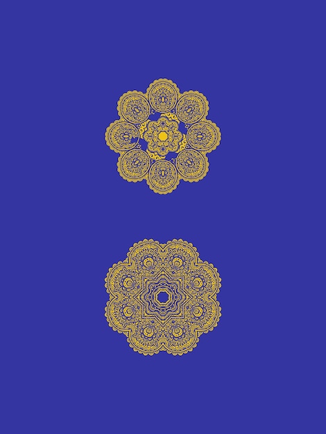 Golden mandala vector template with blue background