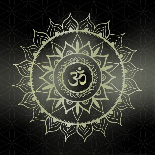 Golden mandala with om symbol in the center Glowing flower on black background