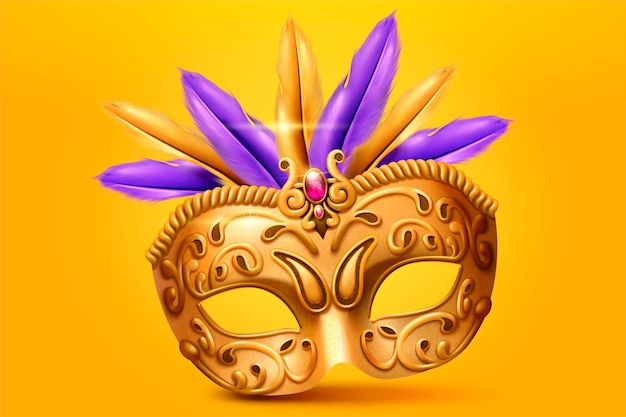 Golden mask and feather in 3d illustration on yellow chrome background