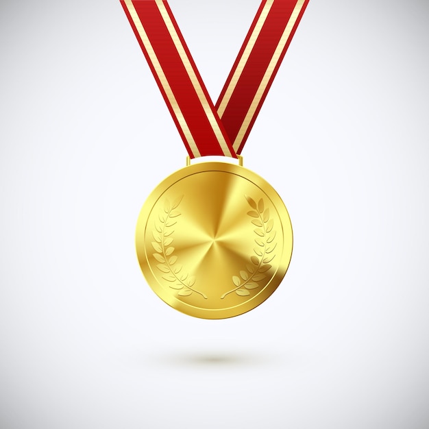 Golden medal with laurel hanging on red ribbon