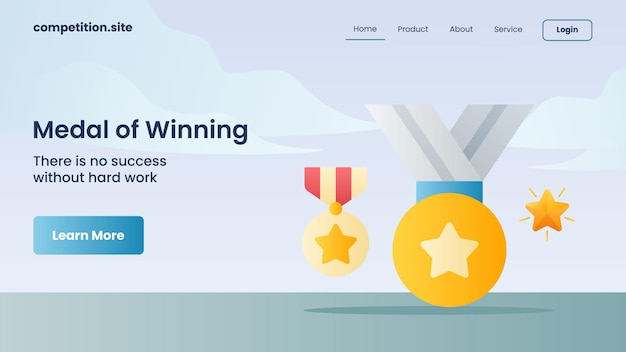 Golden medals for medals of winning with tagline there is no success without hard work for website template landing homepage vector illustration