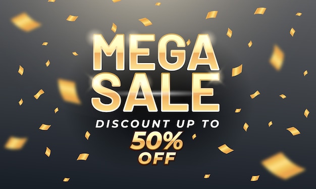 Golden mega sale banner template with gold confetti