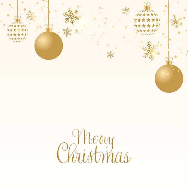 Золотой счастливого Рождества шрифт с шарами повесить, снежинки и размытие Боке на бежевом фоне.